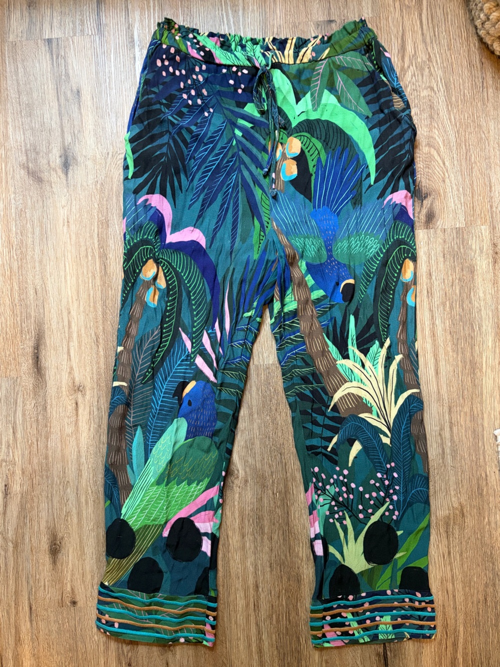 Anthropologie Farm Rio Tropical Leaf Print Waistband Pants - Green, Blue & Pink